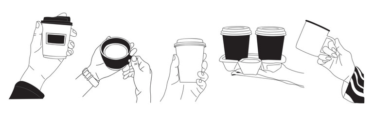 Different hands holding cups, mugs with coffee, cappuccino, latte, tea top, side view outline drawings. Vector hand drawn ink sketch illustrations isolated on transparent background.