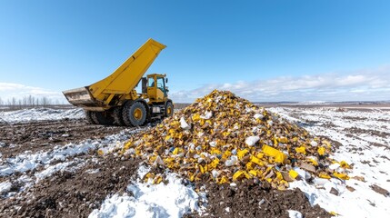 Yellow dump truck loads trash pile in snowy field.  Possible use for environmental awareness campaign