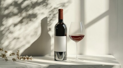 Red wine bottle and glass on marble surface with sunlight shadows.