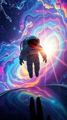 Astronaut floats amidst vibrant cosmic swirls, light bursts from a celestial canvas above reflective floor.