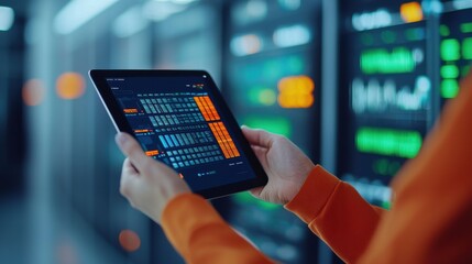 Engineer Energy Tablet concept. Close up of hands holding a tablet displaying real time market data and analytics