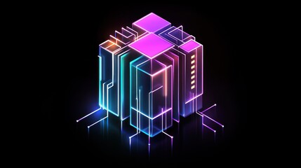 Fototapeta premium Neon Cube Data Network, Server, Abstract, Digital, Technology