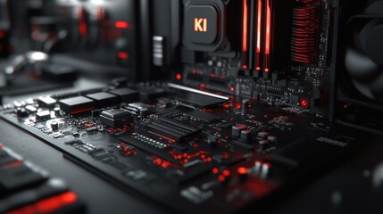 Red-lit computer motherboard close-up, tech background, for tech articles