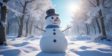 Obraz premium Winter wonderland scene with a happy snowman amidst frosty trees and a blue sky , landscape, tree, scenic