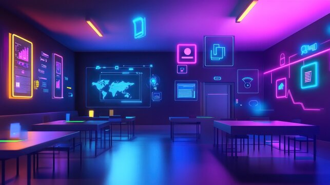 Neon-lit classroom, futuristic tech, learning, digital world, metaverse, education, holographic displays