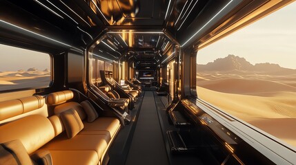Luxurious desert train interior showcasing futuristic design and tranquil landscape views