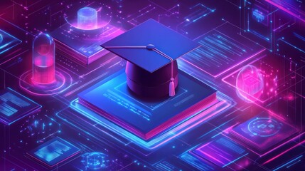 Graduation cap on digital degree, online learning, futuristic background, education