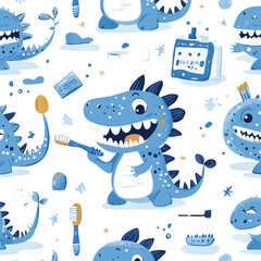 Playful Blue Dinosaurs Brushing Teeth Happy Bath Time Fun