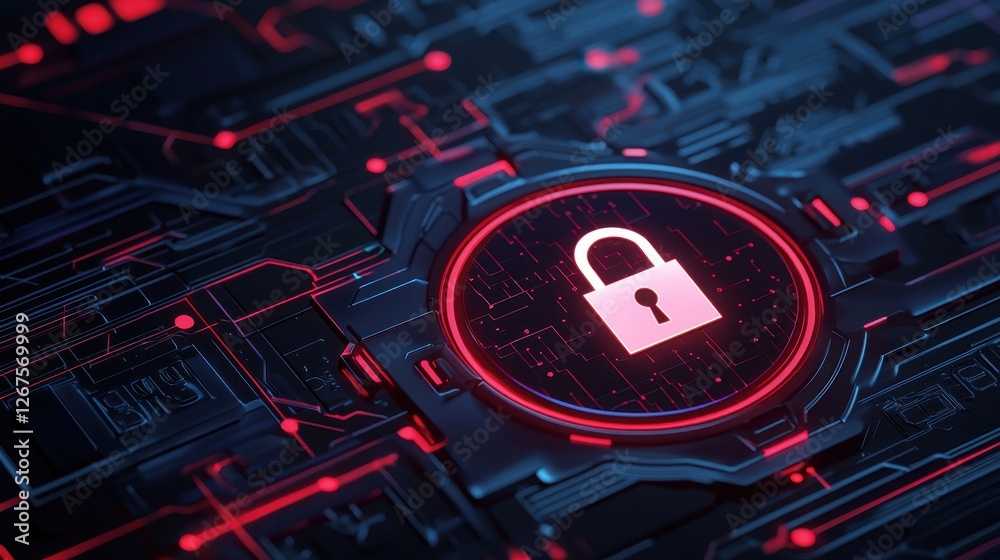 Poster digital cybersecurity concept with lock icon and abstract circuit background in red and black color 