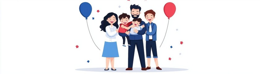 Fototapeta premium A cheerful family in cartoon style, holding balloons and celebrating together, embodying joy and togetherness.