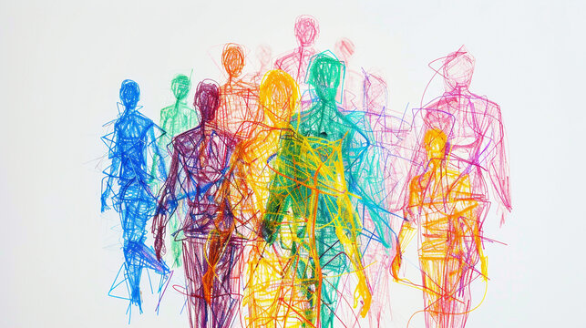An abstract human figure made of intersecting colorful lines, representing the interconnectedness of diverse individuals in a collaborative space. - Powered by Adobe