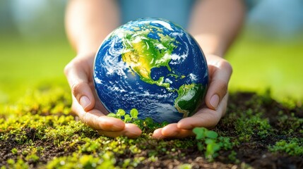 Hands holding Earth, green background, environmental conservation, website banner