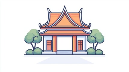 A stylized illustration of a traditional Asian building with a distinct roof, flanked by trees, showcasing cultural architectural elements.