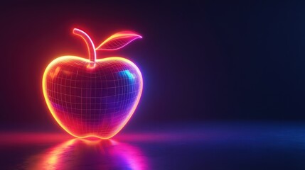 Obraz premium Glowing neon apple, dark studio, reflection, digital art, education