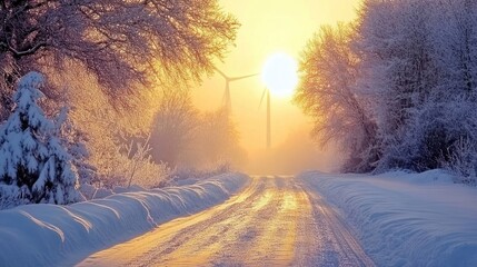Fototapeta premium Snowy road sunrise, winter landscape, wind turbine, fog. Perfect for winter travel or energy themes