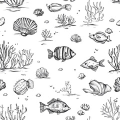 Serene underwater world sketch diverse fish coral shells peaceful ocean scene