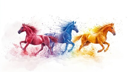 Three colorful horses running, watercolor style, white background; ideal for art, design, or equestrian themes