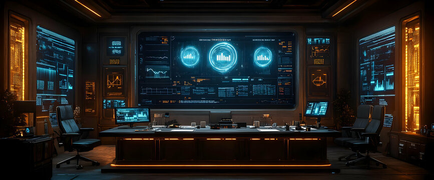 Futuristic Control Room Interior With Panels And Screens - Powered by Adobe