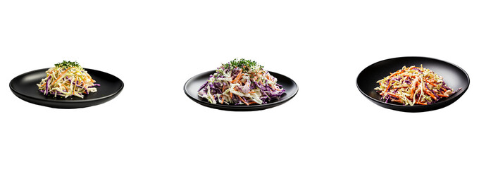 Set of Classic Coleslaw on Black Porcelain Plate Isolated on Transparent Background