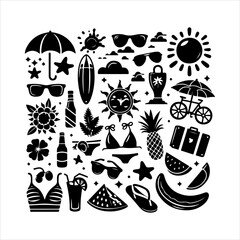 Summer silhouette vector. Summer vector silhouette icons. Summer element collection silhouette illustration.