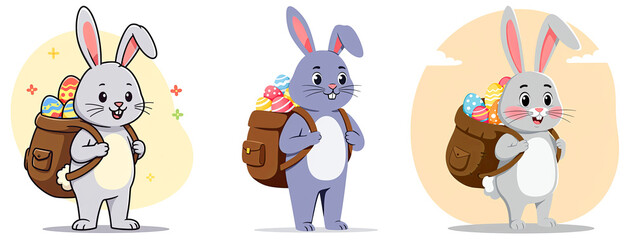 Obraz premium Set of three easter bunny wearing a backpack full of colourful easter eggs, funny illustrations for kids, isolated on a transparent background