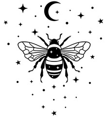 Mystical black and white vector illustration of a bee with outstretched wings, filled with stars, flying under a crescent moon. Perfect for tattoos, prints, spiritual art, and cosmic-themed designs.