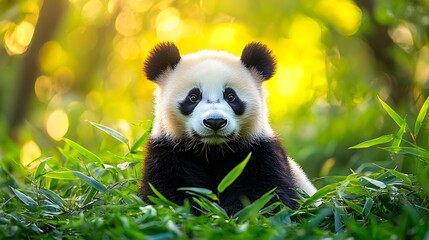 Fototapeta premium Panda cub sits in bamboo forest at sunset, nature background