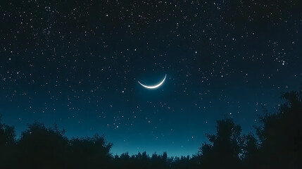 Naklejka premium Crescent Moon Shines Over Silhouette of Trees Under Starry Sky Reflecting a Serene Nightscape