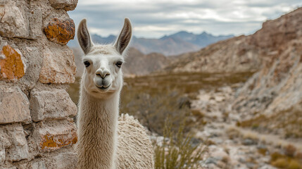 Fototapeta premium A funny white llama is looking around a stone corner.