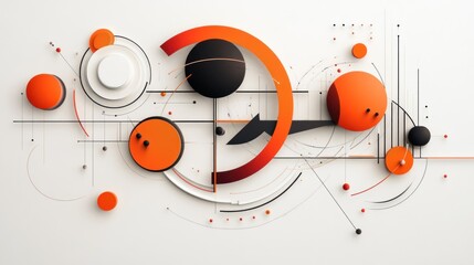Abstract geometric composition with orange and black spheres, lines, and circles on a white background.