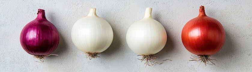 Four Varieties of Fresh Onions Displayed on a Neutral Background for Culinary and Food Photography