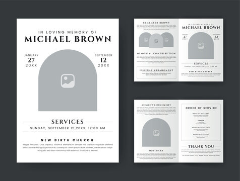 Funeral  Template for Memorial Program. Minimalist Bifold Brochure Design Layout.