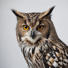Obraz premium A hybrid between an owl and a cat, with large piercing eyes and soft feathery fur, perched on a clear white background.
