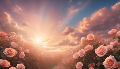 Pink roses bathed in the golden light of a magical sunset. © Ainy