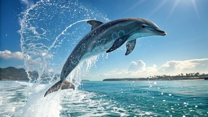 Fototapeta premium Playful dolphin leaps from the ocean, water droplets sparkling in sunlight. Blue sky and distant coastline form the backdrop. Ultra-detailed, high-resolution 8K.