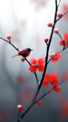 Fototapeta premium Bird perched on vibrant red flowers branch in serene winter setting