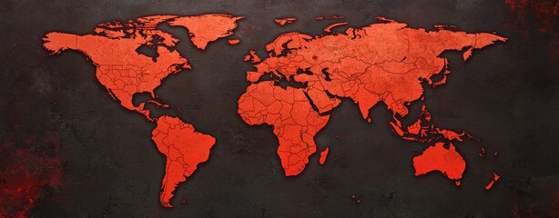 A textured world map in striking red against a dark background, highlighting continents with a bold and artistic design.