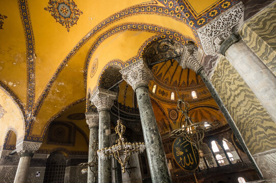 Grand Interior View of Hagia Sophia Showcasing Marble Columns and Golden Domes, Istanbul, Turkey