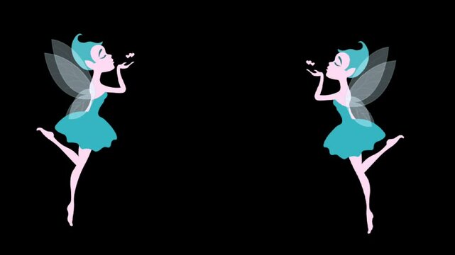Animation video of two fairies giving flying kiss on black background