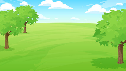 Obraz premium 木のある芝生の公園の背景イラスト_16:9