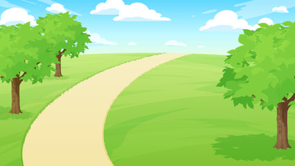 Fototapeta premium 木のある芝生の公園の背景イラスト_16:9