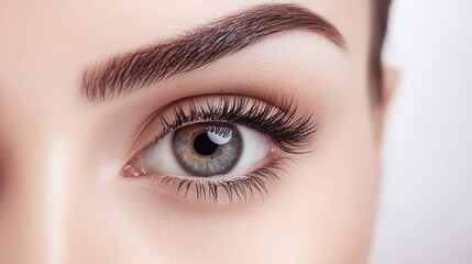 Obraz premium Close-up Portrait of a Female Model’s Eye with Long Eyelashes on White Background, Beauty Salon Spa Treatment, Hairdressing Studio Concept