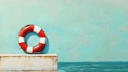 Naklejka premium Bright Red Lifebuoy on Calm Water Background by Coastal Wall