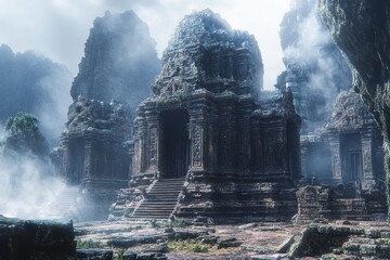 Fototapeta premium Misty mountains hide ancient temple ruins with intricate stone carvings and rich history