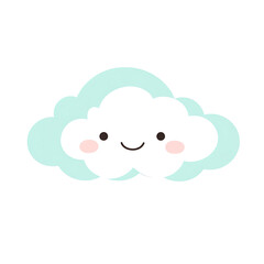 Cute Cloud Character with Smiling Face and Pink Cheeks on White Background Depicted in Graphic Art