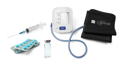Electronic digital tonometer, medical blood pressure monitor, blister packs of pills, syringe and glass vial with liquid medication isolated on a transparent background