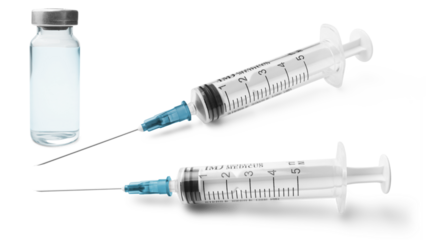 Medical syringes and glass vial with a metal cap filled with liquid medication or vaccine, antibiotic ampoule isolated on a transparent background