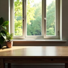 Wooden table against large window with natural light, wooden table, windows, wooden furniture