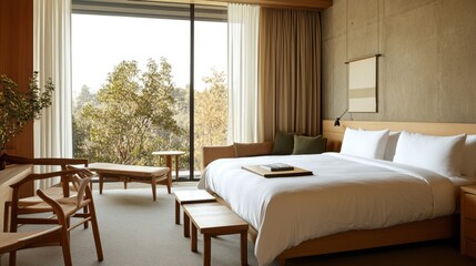 A beautifully designed boutique hotel room with warm wooden accents, soft linens, and a stylish minimalist aesthetic.