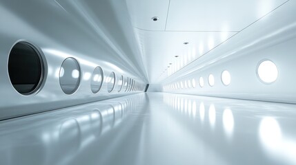 Futuristic white corridor, illuminated, clean, empty, science fiction, architectural design, for sci-fi film or game
